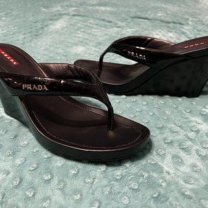EUC Prada logo platform sandal black patent leather